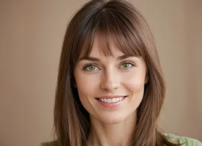 Professional portrait photograph of a beautiful skinny russian woman in her 40s, medium-length straight dark brown hair with full straight-cut bangs, striking light green hazel eyes, fair porcelain skin with natural flush, oval face shape, warm genuine smile showing white teeth, long natural eyelashes, delicate facial features, natural makeup look, soft natural lighting, studio portrait, photorealistic, highly detailed skin texture, sharp focus on eyes, 85mm lens, f/2.8, professional photography, ultra realistic, 8k quality, detailed irises, natural skin pores visible, candid friendly expression