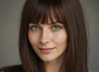 Professional portrait photograph of a beautiful skinny russian woman in her 40s, medium-length straight dark brown hair with full straight-cut bangs, striking light green hazel eyes, fair porcelain skin with natural flush, oval face shape, thin narrow face, narrow long nose, feint small amount of freckles across nose, thin narrow lips, caucasian face type, warm genuine smile showing white teeth, long natural eyelashes, delicate facial features, natural makeup look, soft natural lighting, studio portrait, photorealistic, highly detailed skin texture, sharp focus on eyes, 85mm lens, f/2.8, professional photography, ultra realistic, 8k quality, detailed irises, natural skin pores visible, candid friendly expression