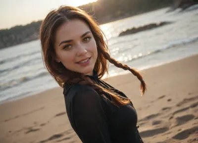 (red hair), (long braided hair), (bangs), ((Yellow eyes)), (((Hazel eyes))), ((Formal long black cotton dress)), (hyperdetailed clothing), long sleeves, afternoon beach, windy cold beach, complex detailed background, 16K, portrait, beautiful hyperdetailed face, beautiful hyperdetailed eyes, Amazing lighting, (hyperdetailed realistic anatomy), hyperdetailed hands, (ulzzang-6500:1), (best quality), (ultra high res), (photorealistic:1.4), 1girl, (sharp focus:1.4), clear detailed shiny skin, light rays, beautiful legs, f2.0, dust particles, sharp focus, realistic hyperdetailed arms, (Dutch angle shot), looking at viewer, (evil:1.3), showing ass, (curvy body), athletic hyperdetailed ass, best shadow, volumetric lighting, (realistic proportions), (constricted_pupils), angry, screaming, crazy smile, shaded face, (shadows cast over face:1.3), (Solo), (Natural relaxed pose)