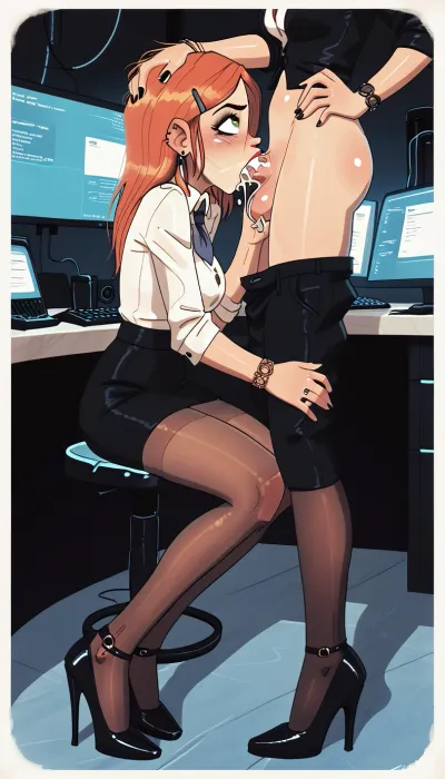 (Jack cayless art style), Sexy ginger 20 years old girl staying on her knees in front of her futanari boss, office outfit, black skirt, pantyhose, high heels, futanari boss put dick in her mouth and cum in her mouth deep throat, boss futanari holding her head, forced her head on his dick, oral sex, cartoon, low color palette, painted, illustration, made in illustrator, no gradients, incase style, concept, retro, futuristic, flat colors, masterpiece, (/Ben10), /, (ultra, HD, quality, details), (green, eyes), ratatatat74, <lora:outline_xl_kohaku_delta_spv5x:.5>, <lora:cartoon_stickers_xl_v1:.6>, <lora:NEOTOKIOXL_0.2_RC:.4>, <lora:DetailedEyes_V3:.6>, <lora:ratatatat74-000050:.9>