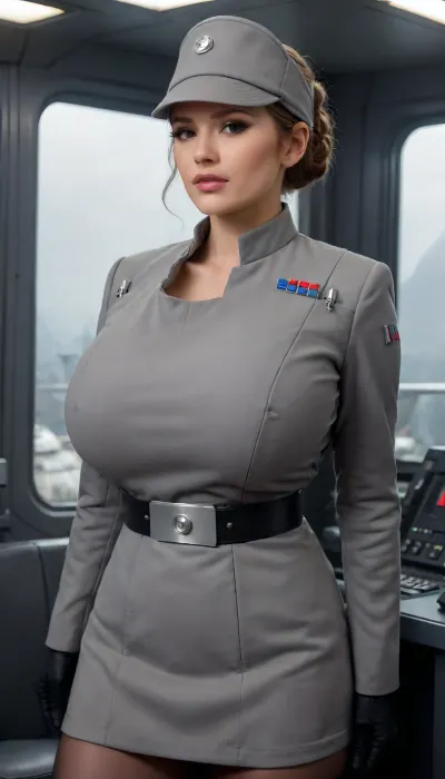 view from side, (wearing a female imperial officer grey uniform with Extremely massive brest bulge, officer cap, Micro mini skirt, stockings:1.5), she has her hair in a bun, super busty hourglass figure, (super massive breasts:1.3), (deep cleavage:1.6), Tight waist, super wide huge hips, Slightly chubby, (hands behind back:1.3), in a sci-fi ship control room, dark interior, (huge window showing star wars ships outside:1.2), large glass window, cinematic, film grain, (cinematic still), 20mm photograph, film, 4k, highly detailed, (atmosphere), (haze), soft ambient lighting, huge, breasts, massive, Imperial, officer, wearing, a, (color), uniform, TIE, fighter, <lora:bboobs-000005:2>, <lora:SDXL_MassiveCowsLoRA_v1:1.2>, <lora:Imperial Officer:.2>, <lora:TIE fighter:.6>