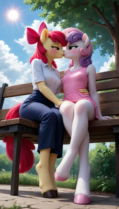(Sweetie Belle, apple bloom), 18 year old girls, (((pony))), clothes, makeup, perfect tail, rosy cheeks, furry, anthro, hooves horse, hooves on the feet, breast, pink pussy, Anfisa, erect nipples under clothing, sitting on a bench, view from below, clouds, full sun in the sky, kiss each other, <lora:Pony_MLP_v1.8SDXL:1.7>, <lora:Anfisa_Fox_Riot-XL:1.9>