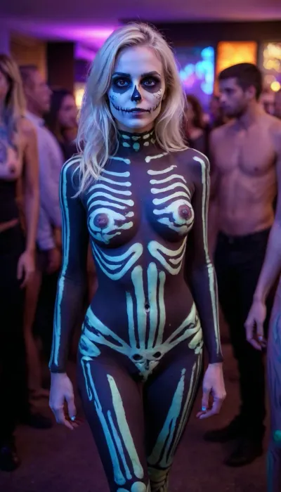 Sexy skeleton costume, gorgeous 24yo platinum-blonde-haired instagram model with small natural breasts naked with full-body glow-in-the-dark skeleton style bodypaint, standing with friends at a crowded Halloween party, thick thighs, smirking, full body view, hairy bush, face paint, central focus, neouv, illuminated, ultraviolet, iridescent, Fluorescence, Ultraviolet, lighting, Style, style, uv, tanning, bed, Bioluminescence, glowing, neon, dark, black, light, body, paint, <lora:add-detail-xl:1.5>, <lora:Neon_Ultraviolet_Glow-000011:2>, <lora:uv style v2:2>