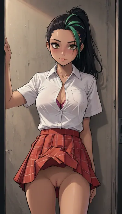 (Melkor mancin meets markgavatino style), reiq style, Cel-shaded, inked lineart, masterpiece, ((nemona from pokemon)), upskirt, adult, 20 years old, (dark olive skin:1.6), white school shirt, unbuttoned shirt, red lacey bra, dark red skirt, slightly lifting up skirt, meaty labia, large clitoris, leaning against wall, shy facial expression, embarrassed, rosy cheeks, looking away from camera, pokemon themed bedroom background, high contrast, perfect lighting, <lora:mk_Bp Anime_xl:1.4>, <lora:lineartSDXL:2>, <lora:EnvyBeautyXL01:2>