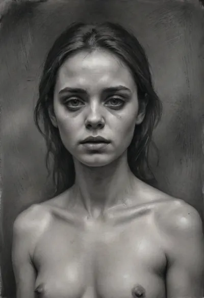 Sad naked girl, deeply sorrowful expression, tears in her eyes, fragile pose, charcoal portrait drawing, heavy dark shading, rough expressive charcoal strokes, textured paper, dramatic shadows, melancholic mood, fine art., <lora:EldritchCharcoalXL1.1:2>, <lora:female_charcoal_art:2>