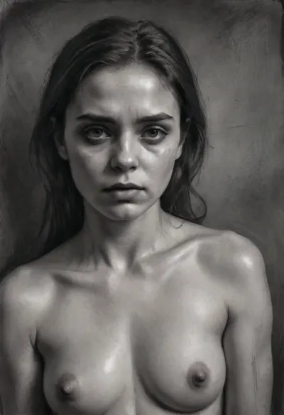 Sad naked girl, deeply sorrowful expression, tears in her eyes, fragile pose, charcoal portrait drawing, heavy dark shading, rough expressive charcoal strokes, textured paper, dramatic shadows, melancholic mood, fine art., <lora:EldritchCharcoalXL1.1:2>, <lora:female_charcoal_art:2>
