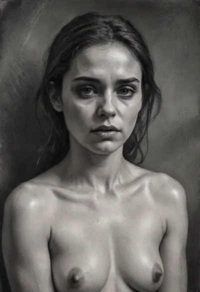 Sad naked girl, deeply sorrowful expression, tears in her eyes, fragile pose, charcoal portrait drawing, heavy dark shading, rough expressive charcoal strokes, textured paper, dramatic shadows, melancholic mood, fine art., <lora:EldritchCharcoalXL1.1:2>, <lora:female_charcoal_art:2>