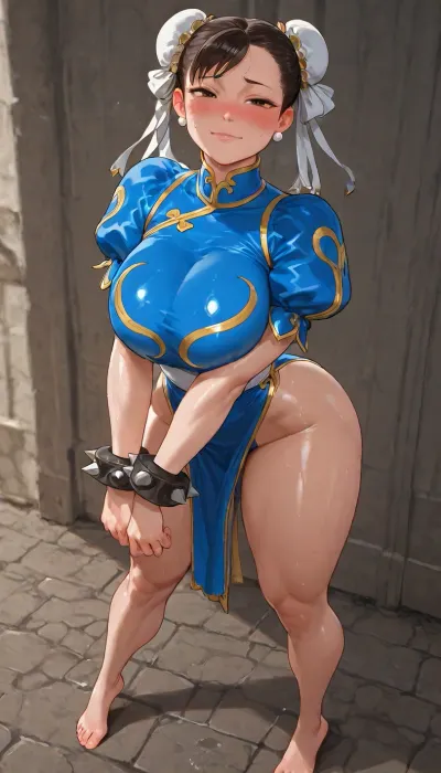 (Chun Li from Street Fighter:1.8), sexy posing, moaning, oiled, athletic body, medium teardrop perky breasts, (barefoot:1.6), (arched back 1.4), (blushing cheeks and nose:1.4), Chun-Li, <lora:chun-li_xl_v1:.8>