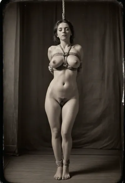 Black and white wetplate photo quality, cyanotype, 19th century phptography., bizarre rope bondage, tied woman, bdsm, tortured, punished, ashamed, big saggy breasts, heavy hanging breats, meaty pussylips, loose skin, skinny body, hipbones, ripcage, naked, tied hands, hands behind back, tied tits, (suspended in the air), floting, hanging from one foot, legs apart, head down, hair on face, no makeup, natural body, eyes closed, hair on tits, hair hanging down, bare pussy, hairy pussy, rope, hemprope, bondage, upside, down, one, face, <lora:bdsm_SDXL_1_:.8>, <lora:tiedbreastsblue_XL_reg0_:.8>, <lora:old_world:1.8>, <lora:face_upsidedown:.8>