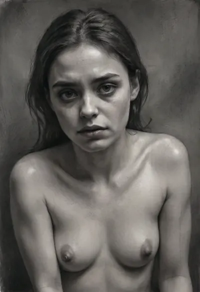 Sad naked girl, tearful eyes, deeply sorrowful expression, fragile pose, charcoal portrait drawing, heavy dark shading, rough expressive charcoal strokes, textured paper, dramatic shadows, melancholic mood, fine art., <lora:EldritchCharcoalXL1.1:2>, <lora:female_charcoal_art:2>