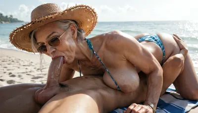 (((A sexy gilf and a charming boys They're doing a 69))), ((cunnilingus)), ((69)), (sagging breast), blowjob, Tan, bikini, Large straw hat, sunglasses, On the beach, sunshine, sea, cinematic lightning.