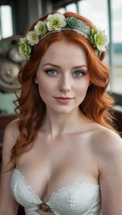 Portrait of a Russian beauty woman, (25 y.o), (redhead haired. grey-green eyes, big natural breasts), topless, small flower floral head band, cute shy smile, white lace filigree of bright, white. steampunk, view from the deck of a vintage airship, gears, rivets, copper parts, dials, steering wheels, steam engine elements, pipes, valves, steam jets.