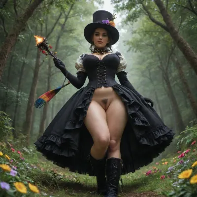 low-angle view, scene on the black forest, dark blue-haired woman, he wears a dark leather Victorian corset, She wears a tall top hat decorated with colorful flowers., she wears long black gloves, she wears tall black boots, she performs magic with a wand that which leaves a trail of bright yellow dust in the air, she use colorful scarves, she has large breasts and a shaved pubic area, large breasts, big boobs, huge, tits, <lora:bombshell_v2:2>