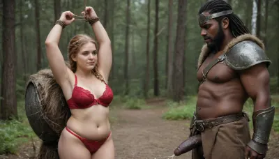 skinny chubby 45yo mature female viking warrior posing for the camera, intricate details, (photorealistic:1.5), (shortstack:1.3), ginger blonde braided hair, sunny day, high quality face, (viking armour:1.3), leather bondage harness, forest background, wearing a red bra, (at day:1.5), ((black African male warrior standing next to woman)), black penis is visible, (hands tied above head), medium round breasts, (projectile cum:1.5), (ejaculation:1.5)