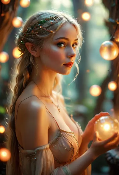Fairy Tale-like, elven enchantress, glowing orbs in the background. nude, natural beauty, /KlTTY-ART/, <lora:COMFYUI_mimic_landscape_-_XL_SDXL v2.0:.7>, <lora:attractive_notrigger:.8>, <lora:PerfectEyesXL:.6>, <lora:MJ52:1>
