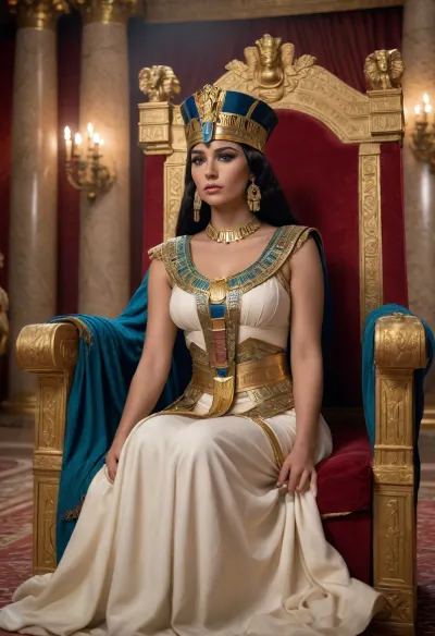 ultra-realistic, 8K HD, Queen Cleopatra holds Julius Caesar's large cock in an opulent throne room, dressed in period costumes