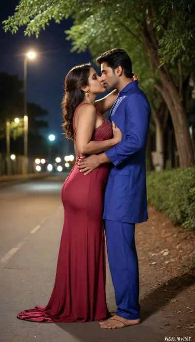 (front view), beautiful Desi indian hot busty mother with, (her hairs tied), and with big breasts and ass wearing maroon color nighty gown. She is kissing a handsome guy wearing blue behind in the tree beside the road at night. The guy will lift her gown up with his left hand exposing her ass.