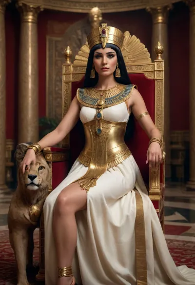 ultra-realistic, 8K HD, Queen Cleopatra holds Julius Caesar's large cock in an opulent throne room, dressed in period costumes