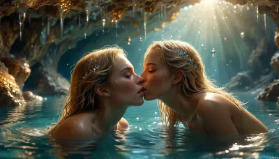 (Two girl), two hot young lesbian girls kissing passionately, realistic matte skin, skin texture visible, (sharp focus), (high quality), perfect hands, perfect faces, first blonde girl with very small tits kissing second brunette girl, (kissing), caressing, sensual, into a huge air-filled underwater cave, realistic wet skin, sexy, blonde hair, perfect slender body, passionate look, discovers very huge hall-like underwater cave, diamond cave, an undiscovered diamond cave, the walls glitter with millions of diamond shards on the walls, the fantastic play of light from the reflections of the water and the diamonds is breathtaking, Sunlight breaks through small holes in the cave ceiling into the cave, the walls are covered with tiny diamonds, body in focus, a dreamlike image concept, every detail of the room is rendered with extreme photorealism, from the soft lighting to the texture of the skin, the reflection is perfectly aligned, the entire scene is highly detailed, capturing both the quiet focus of the women and the serene, natural environment, The scene is hyper-realistic, capturing every detail—from the fine textures of their skin to the intricate emotions visible in their eyes, The entire composition blends formality with a touch of slutty and horny connection, the image parameters ensure a dreamy, soft design, ocean, under the sea, outdoors, photography, underwater, grotto, cave, sandy, sea, floor, reef, <lora:MJ52:.6>, <lora:Underwater_Environment_v01-000002:1>, <lora:SDXLFaeTastic2400:1.9>, <lora:detailed_notrigger:1.5>