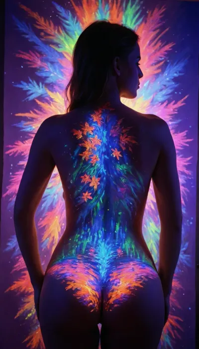 blacklight uv painted on the back of a girl depicting art in the style of monet, 1man, huge glowing dick, <lora:bl4ckl1ghtxl:2>