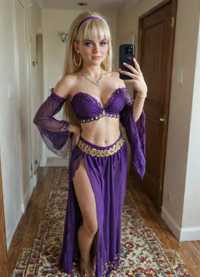 4K, (Pacifica Northwest from Gravity Falls:1.8), solo, Pacifica has long beach blonde hair with bell-shaped bangs and dark blue eyes. Pacifica usually wears a traditional Arabic dancer attire with intricate embroidery in lavender, periwinkle, and purple patterns. The outfit includes a long, flowing skirt, a richly decorated blouse with wide sleeves, and a woven belt with geometric designs. The outfit is adorned with fine details, such as lace and beadwork. with natural materials and bright, vibrant colors, purple traditional Arabic sheer dancer outfit. She wears heavy purple eyeshadow and lavender hoop earrings. Huge tits, seductive selfie, revealing breast, half-closed eyes, (dynamic horny expressions:1.3), (standing, naughty seductive sexting photos, dynamically horny:2), accurate anatomy, fluxenh4nce, <lora:FLUXEnh4nce:.9>, <lora:LCMTurboMix_Euler_A_fix:.8>
