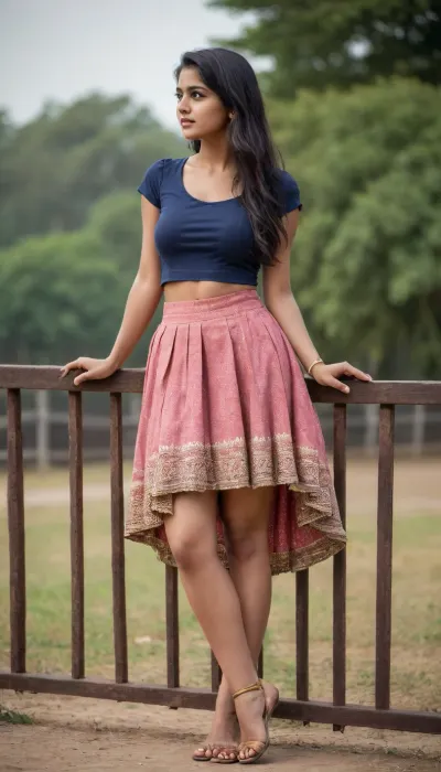 20 year old Indian adult girl, wearing traditional skirt, crossing over a fence, sexy legs