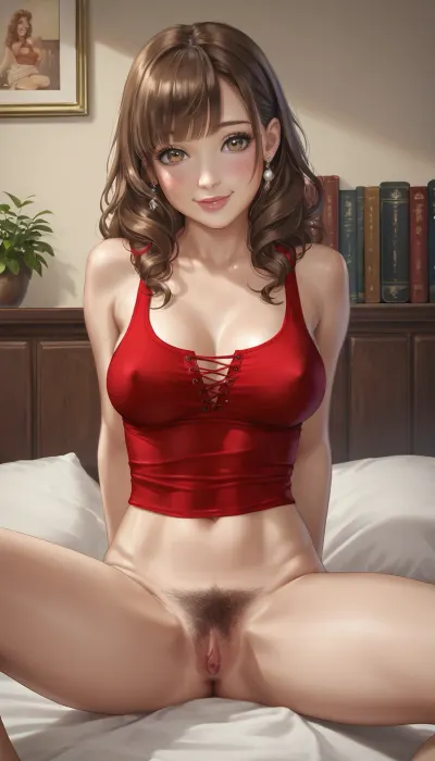 beautiful 25 year old woman, sitting on a bed, in bedroom, messy room, clothes on bed, legs spread, laced up red tank top, straight brown hair with bangs, no panties, cream pie, hairy pussy, shy smile, big brown eyes, large puffy lips, slim body, bookshelf on wall, dream catcher on wall
