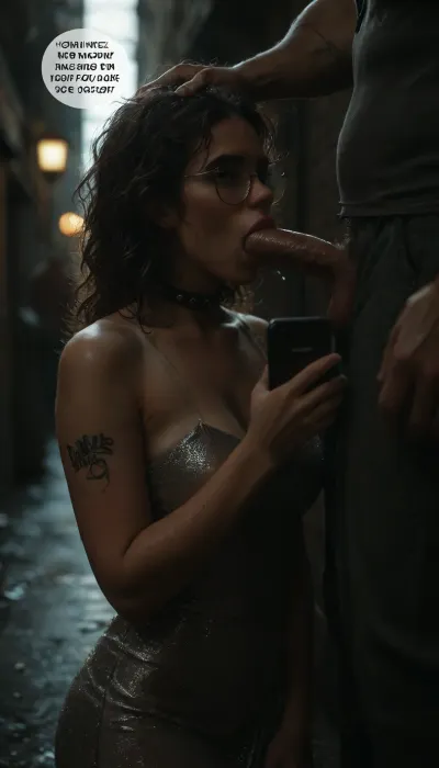 In the dark alley, a girl with wet hair in a night dress, beautiful short evening dress with sequins, She's giving a blowjob beggar, homeless man in dirty clothes, ((girl talking on the phone)), (She's holding the phone:1.2), holding a phone in his hand, (gives a blowjob to a homeless man), collar with spikes, round glasses, tattoos, long curly hair, big breast, she looks up, <lora:MJ52:.8>, <lora:dark:.8>