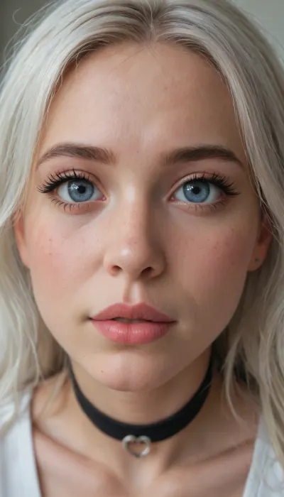 masterpiece, best quality, ultra detailed, highres, 8k, realistic, score_9, score_8_up, 18 year old girl, ((long white hair)), (messy hair:.8), ((big light blue eyes)), (eyes wide opened), ((long black eyelashes)), photorealistic, detailed skin texture, cinematic, (black ring choker), (black eyes make up:1.5), (face close up), (horny face:1.4), (cute face:2), (view from above:1.1)
