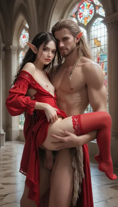 Dark skinny female elf and large human barbarian fucking, carrying sex, smiling, plump labia, pubic hair, open pussy lips, dark tan skin, braided black hair, french braid, pearl neckace, small natural breasts, flat chest, stiff nipples, pearl jewelry, red dress, red sleeves, red lace stockings, elegant, looking at viewer, dynamic pose, arousal, passion, (the elf is fucked carrying style by a large human barbarian:1.5), (the human barbarian is heavily muscled), front view, in a palace with stained glass windows, luxurious, both lovers entire body is visible, side view