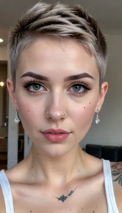 (((high fade))), (((cute))), 1girl, cute girl, 28 years old, looking_at_viewer, short_hair, earrings, <lora:cute_girls_xl_v1:.6>, she bites her lower lip. Hungry eyes. Horny eyes. Slutty make-up. Neck tattoo. Nose piercing.
