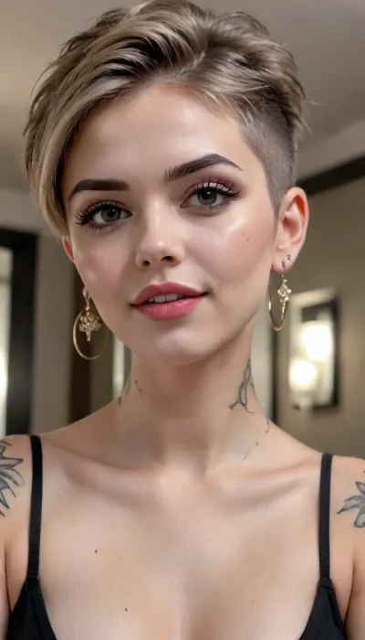 (((high fade))), (((cute))), 1girl, cute girl, 28 years old, looking_at_viewer, short_hair, earrings, <lora:cute_girls_xl_v1:.6>, she bites her lower lip. Hungry eyes. Horny eyes. Slutty make-up. Neck tattoo, 1.2. Throat tattoo, 1.8. face tattoo. Nose piercing. Nipple chains.