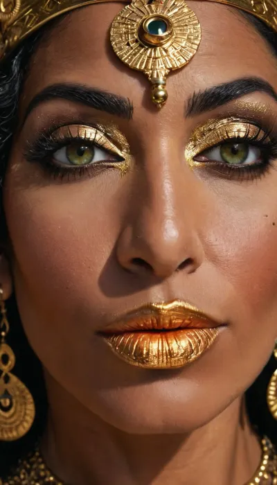 "Extreme close-up portrait of a 40 year old Egyptian priestess, (milf), Farah from Legend of Queen Opala. Deep bronze skin, piercing light olive green eyes., (Intricate gold leaf makeup in the style of the Eye of Horus applied strictly to the lower eyelids, metallic gold texture with realistic flakes), . Vibrant orange-toned lips. A distinct beauty mark, (mole), just above the corner of her mouth. Long, voluminous wavy jet-black hair flowing freely, no crown, no tiara. Mature regal features, high cheekbones, cinematic lighting, 8k resolution, photorealistic, highly detailed skin texture, mystical desert queen aesthetic.", (hyper realistic:1.5), Masterpiece, <lora:Jade_55_MILF-000009:.8>