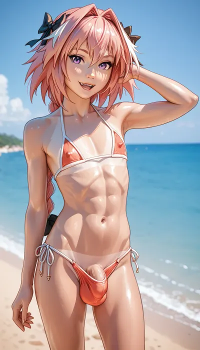 Astolfo wearing a bikini, penis bulge, at the beach, no nudity, Trfut, flac-futa, flac-penis, photo, artwork, <lora:SDXLlora4flFut-000014:.8>, lineart, line, art, colors, color, <lora:cartoon_stickers_xl_v1:.4>, <lora:lineartSDXL:.9>, <lora:AshMilkshake_Illustrious_v1:.9>, flat, chested, <lora:flat_chested_v3.5:.8>