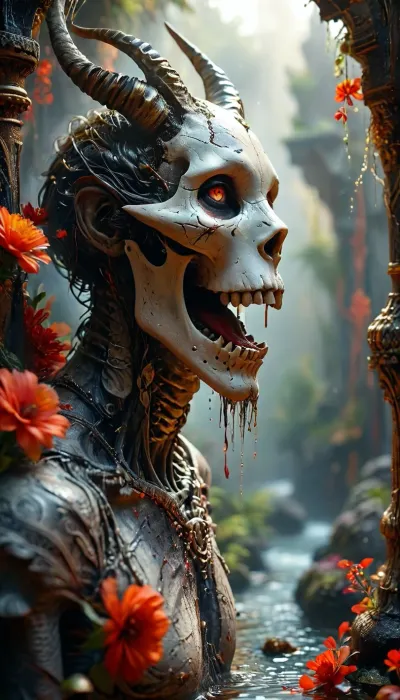 b/w, three levels, A stylized, elaborate artwork featuring a figure resembling a skeletal, mythical creature. The creature's face is partially obscured by flowing, decorative elements. Its features include a skull-like face with exaggerated, striking features, large, bright red eyes, (and a slightly open mouth with tongue sticking out), The creature has large, stylized horns and wears a flowing, cloak-like garment. The creature appears to be holding or interacting with another being resembling an animal's head or face. The background is densely patterned with swirling, organic forms and abstract floral designs. The style is reminiscent of psychedelic art, with a vintage, textured feel. The lighting is diffused, coming from various directions and creating highlights and shadows within the design. The composition is complex, with the figure at the center and many intricate details filling the space. The overall atmosphere is mysterious and otherworldly, imbued with strong symbolism. There is a striking textured surface, reminiscent of a vintage poster or album cover, (waterdust), (Side view), /KlTTY-ART/, <lora:COMFYUI_mimic_landscape_-_XL_SDXL v2.0:1>, <lora:attractive_notrigger:.5>, <lora:PerfectEyesXL:.5>, <lora:MJ52:1>