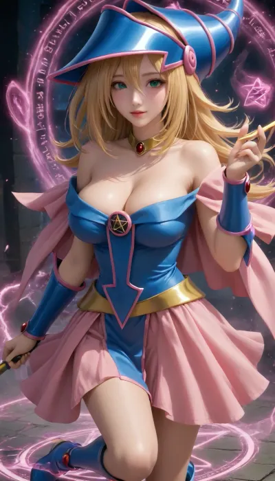 1girl, Dark Magician Girl, Yu-Gi-Oh!, duel monster, blonde long hair, (blue hat blue dress pink showgirl skirt pink capelet blue vambraces pentacle blue boots), wand, large breasts, bangs, green eyes, pentacle, pentagram, big breasts, spell casting, magic circle, energy, magic, blamagi, Dark_Magician_Girl, <lora:dark_magician_girl_xl_v4:1>, <lora:blamagiXLv1:.8>, <lora:Dark_Magician_Girl_V1:.8>, <lora:attractive_notrigger:.8>, <lora:ClearHand-V2:.8>