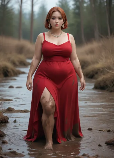 A stunning 23-year-old fat obese overwight thai woman with mesmerising hazel brown eyes and bright red hair, elegantly styled. Large bust. round face with full lips, (full body shot), She wears a dark red dress with thin straps, complemented by exquisite diamond jewellery – a floral necklace and long, sparkling earrings. standing in deep mud, body completely covered with mud. head completely covered with mud, hair completely covered with mud, without water.