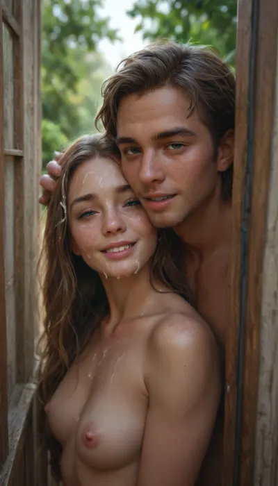 beautiful, very athletic 35-year-old couple, Laughing very loud, leaning Out of an Open window, looking outside, view from outside, only upper bodies seen. She hast cum all over her face, (cum on face), (cum on Hair), <lora:detailed_notrigger:.8>, <lora:photorealistic_portrait_notrigger:.8>, couple, <lora:XL-coupleMV2:.8>