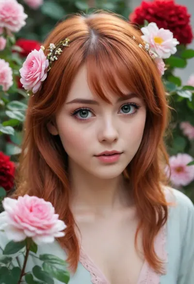 Anime-Mädchen im Stil von Pop Art, digitale Malerei, weicher Fokus, leuchtende Farben, strahlendes Licht, hohe Auflösung, Charakterdesign, rotes Haar zusammengebunden mit Blumen, in einem übertrieben niedlichen, rosa Dienstmädchen-Outfit, große Augen, unschuldiger Ausdruck, Detailreichtum, Nahaufnahme, neutraler Hintergrund, Ästhetik des Kawaii, vertikale Komposition. /KlTTY-ART/