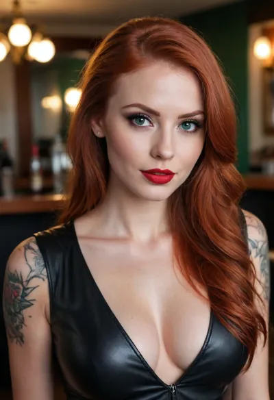 slim woman, long redhead hair, green eyes, black leather top, round breasts, deep neckline, red lipstick, eyeliner, intense make-up, seductive view, shy cute smile, tattoos, bar