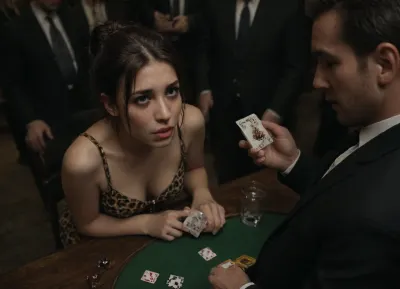Brunette hair tied in a bun, loose strands of hair, sitting behind a card table, holding four cards in her hands, poker cards on the table, knife stuck in the bottom, revolver next to it, whiskey glass, scared face, normal body, leopard print summer dress, high-heeled shoes, nice tits, (((dirty leather))), front view slightly from above, several tall men in suits, classic shoes, in a basement, cocks sticking out of their zippers, photo, portrait, <lora:Thigh_gap_SDXL:1.7>, <lora:real-humans-PublicPrompts:.8>, <lora:dark:.2>
