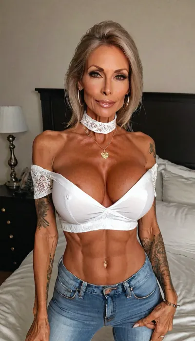 Onlyfans pic, long legs, ((pov)), tight silicone tits, crackwhore, tattoos, Russian punk, Sexy bimbo punk mom, seducing me, anorexic, tanned, white blouse and jeans, in my bedroom, beautiful, skinny muscle, old skin, sexy neck, 49yo rich mom, choker, beautiful model, tanned skin, doll face, night, Mariemur, clothes, <lora:ThePitXL:.8>, (crop, top:1), <lora:Ppolar-P3v1-NbVp10:.8>, <lora:f1ngering:.8>