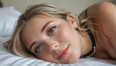 alone, one bbw curvy chubby woman, award winning photo, DSLR photography, RAW photo of cute ginger, (((cute blonde))), (((Imasze))), (ultra pretty high detail face), makeup, lipstick, 18, 18 year old, expressive eyes, photorealistic, cute, gorgeous face, blushing, ((bright vibrant blonde hair)), ponytail hair, short ponytail hair to one side, (hair tied with black ribbon), (((hair bangs))), curvy chubby bbw body, ((tanned skin)), mascara, perky breasts, nipple piercings, (nipples visible underneath top), big nipple bulge, wide hips, busty hourglass figure, (black longsleeve fishnet top:1.3), (((fishnet top))), 1.2, (black garter belt and stockings), defined eyebrows, (sexy seductive pose), ((dynamic sexy pose)), suggestive pose, natural textures, navel piercing, bedroom, smiling at viewer, (((laying pose))), (side view), (intimate, candid), natural skin, normal textures, realistic, cowboy, shot, high, angle, skinny, body, detailxl, Stable-Yogis-Makeup-Enhancer-XL, <lora:checkpoint-e18_s306:1.5>, <lora:MJ52:2>, <lora:attractive_notrigger:.3>