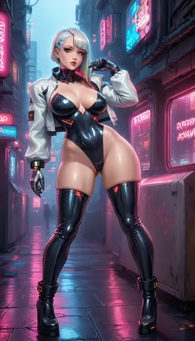 (reiq style), (sexy muscleslucy from cyberpunk edgerunners full original skin), ((white hair cut in a split bob, with her left side left longer, and dyed with a colorful pastel rainbow)), gradientnude breasts, massive ass, thick thighs, massive natural breasts, nipple outline, oiled, wet skin, perfect figure, (hyper wide hips:1.2), curvy, snatched waist, (cyborg skin:1.3), (light cooler skin:1.7), ((cropped white jacket with a black netrunner leotard with red accents over a pair of white shorts and high gray stockings, and black knee-high boots., Hight heels)), wet camel toe, full body in view, looking at viewer, raver, sidecut, solo, ultraviolet light, undercut, cyberpunk, d4nc3, club, Lucyna, "her/his, body, is, embedded, with, mechanical, implants, under, the, skin, cyberware, lines, in, her/his, face, Cyberpunk, Cyb3punk, neon, street, glowing, building, rain, <lora:cyberpunk_d4nc3_club:2>, <lora:lucy_xl-000027:2>, <lora:CyberwareByMakeThemComeAlive:2>, <lora:Halcyon Cyberpunk Style:1.9>, <lora:Cyberpunk_3D:.8>