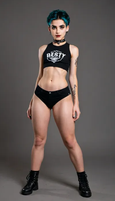tall curvy pear shaped emo type woman, small flat chested perky brests, huge long puffy erect nipples, thick thighs, big hips, tiny waist, full body image