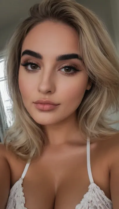 ziprealism, (adorable girlfriend, extremely charismatic, love at first sight), (ash-blonde hair with dark roots, thick voluminous hair, slightly tousled hair, swept-back hair style, thick dark eyebrows:1.2), (intimate selfie, sensual selfie, candid selfie esthetic, flattering soft focus:1.4), (large doe eyes, round face with soft features, long eyelashes), (soft pink lips, dark mysterious eyes, soft flirty smile, sensual suggestive expression, mischievous eyes), (topless, large soft breasts), Stable-Yogis-Makeup-Enhancer-XL, perfecteyes, <lora:PerfectEyesXL:.8>, <lora:Instagram_Selfie_SDXL:1.2>