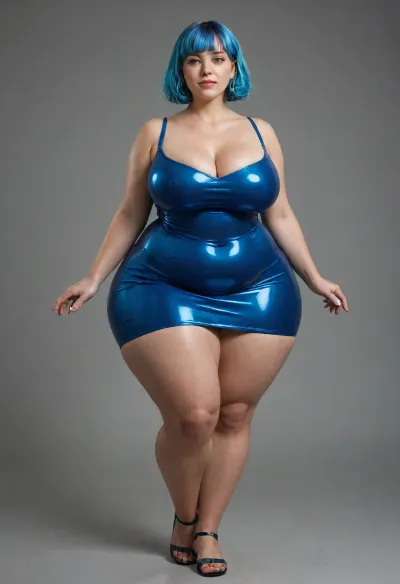 very tall ssbbw obese pawg, huge hips, huge thighs, very thin waist, ((extremely saggy east west brests)), short blue coloured hair, wearing a full body latex colbalt blu bodycon dress
