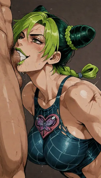 the picture is a drawing of Jolyne Cujoh, seductive look and grin, battered body, torn clothes, focus on upper body, deepthroat, (Hirohiko Araki art style), by, araki, hirohiko, <lora:araki_hirohiko-000016:2>