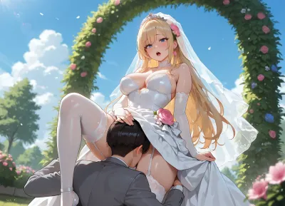 masterpiece, 4K best quality, high quality, absurdres, intricate details, very awa, depth of field, very aesthetic, rating, explicit, 1girl, 1boy, bride, blonde hair, long hair, blue eyes, open mouth, medium breasts, cleavage, white wedding dress, bridal veil, white bridal gauntlets, garter straps, leg up, hands on another's head, standing, groom, grey tuxedo, kneeling, head under dress, head under another's clothes, holding another's leg, hand under clothes, implied cunnilingus, outdoors, garden, pink floral arch, from below, <lora:aesthetic_anime_v1s:1.2>