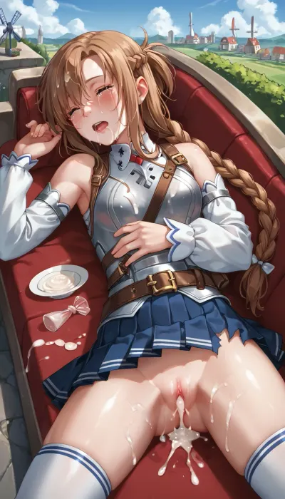 18-year-old, in public in front of a skyline, lying face down, drunk, no makeup, hair braided into two pigtails, used in public, exhausted, asleep, unconscious, arms and legs limp, face turned away, wearing half-torn clothes, loose underwear, panties half-pulled down, vagina ruined, used vagina, vagina covered in semen, worn vagina, torn condom in her vagina and body, ruined vulva, semen splattering on her buttocks, semen deposit, bukkake, cum, <lora:MS_Real_XL_Bukkake:.8>, crying, with, tears, <lora:tearsXL:.8>, sucking, cock, <lora:cockteaseLoRASDXL:.8>, asuna_\, (sao\), long_hair, skirt, red_skirt, detached_sleeves, windmill, white_thighhighs, brown_hair, brown_eyes, breastplate, solo, pleated_skirt, miniskirt, white_belt, <lora:asuna:.8>, handscuffs, handcuffed, <lora:handcuffs_XL_1_-000007:.8>
